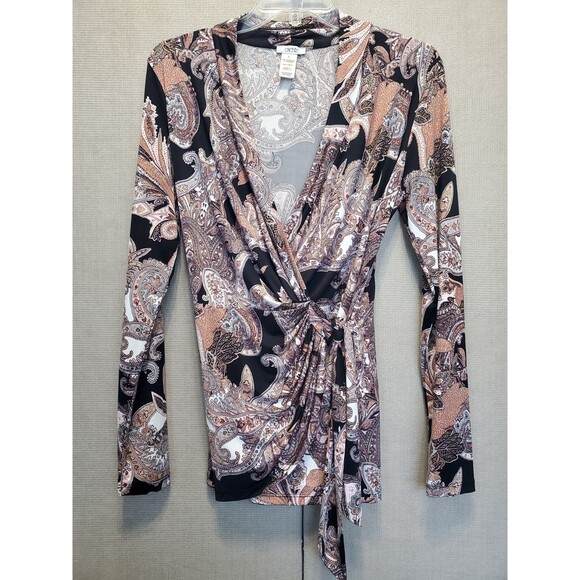 Cache Paisley Long Sleeve Side-Tie Faux Wrap Top Size Medium 90x Y2K - Picture 1 of 6